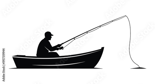 A solitary fisherman sits in a small boat casting a line into the water presented as a striking silhouette high quality