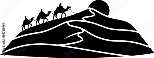 Caravan of camels crossing desert dunes at sunset silhouette vector illustration