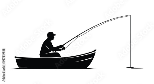 A lone fisherman sits in a small boat casting a line into calm waters depicted as a silhouette high quality professional