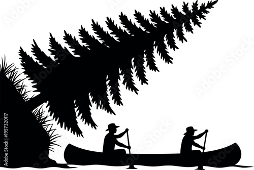 Silhouette of Canoeists Wearing Wide Brim Hats Paddling Under Fern Tree in Nature Scene