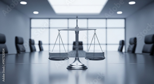 A large silver scale sitting on a reflective floor in a modern conference room with a wall of windows