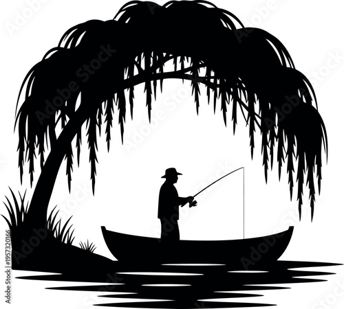Silhouette of fisherman wearing fedora hat fishing from boat under willow tree vector illustration