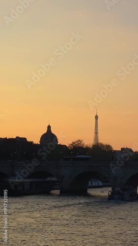 Sunset Over Seine River and Historic Bridge in Paris, France