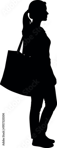 Tableau sur toile Silhouette of woman wearing ponytail and carrying shopping tote bag, standing pr