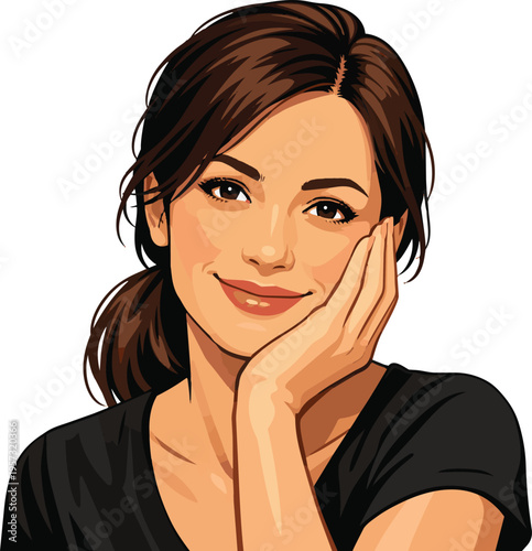 Realistic A woman with her hand on her right cheek vector art in a white background.
