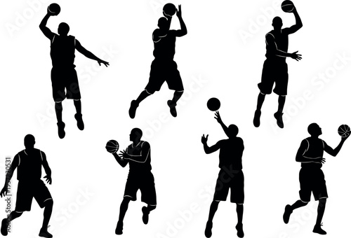 Silhouette of seven basketball players in various poses jumping and throwing a ball in mid air with dynamic movements and actions on the court