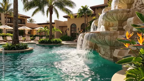 Water cascades from an ornate fountain into a luxury hotel swimming pool framed by tall swaying palm trees on a sunny day.