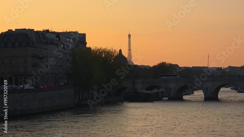 Sunset Over Seine River and Historic Bridge in Paris, France