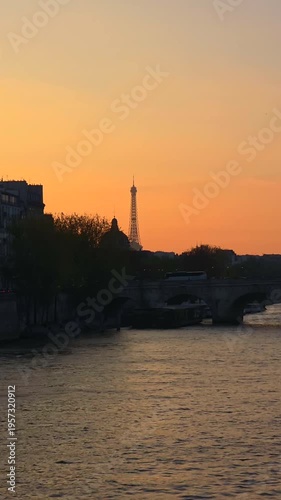 Sunset Over Seine River and Historic Bridge in Paris, France