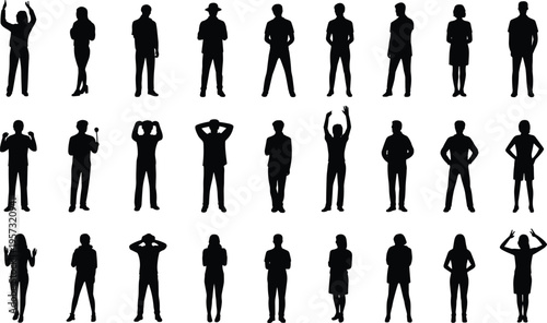 Collection of diverse people silhouettes standing in different poses isolated on white background, human figures, business characters, body language variety
