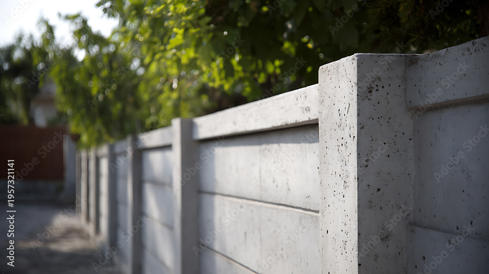 Fototapeta premium Sturdy gray concrete fence with structured panels and posts, set against a blurred background of green foliage and soft natural light