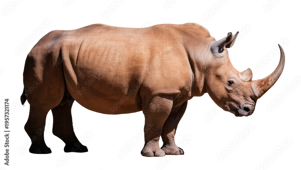 Fototapeta premium Majestic adult rhinoceros standing proudly in profile, showcasing its formidable horn