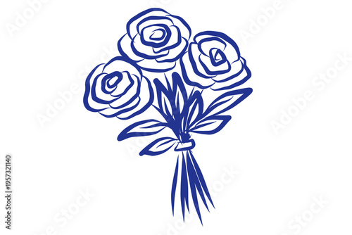 Blue Hand-Drawn Rose Bouquet Illustration. Abstract Ink Contour Drawn Artwork. Imperfect Brush Stroke Painted Pattern. Felt-tip Pen Outline Contour Drawn Card Invitation Poster Print