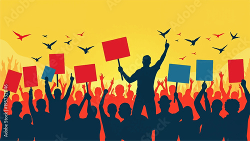 Vector illustration of protest crowd with signs and birds