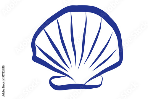 Blue Scallop Shell Line Art Illustration. Abstract Ink Contour Drawn Artwork. Imperfect Brush Stroke Painted Pattern. Felt-tip Pen Outline Contour Drawn Card Invitation Poster Print