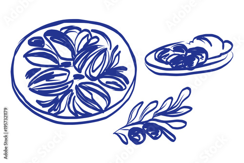 Hand-drawn Blue Mediterranean Food Elements. Abstract Ink Contour Drawn Artwork. Imperfect Brush Stroke Painted Pattern. Felt-tip Pen Outline Contour Drawn Card Invitation Poster Print Illustration. 