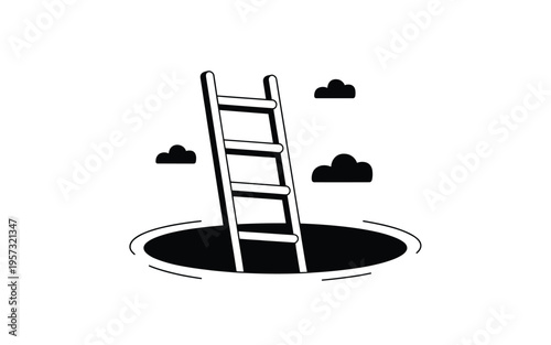 A minimalist vector illustration of a ladder leading up to clouds from a hole in the ground