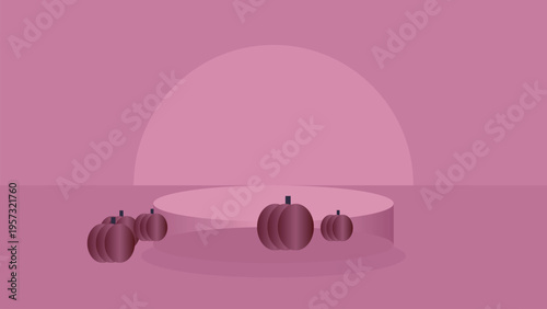 Four pumpkins on a pink podium with a circular background