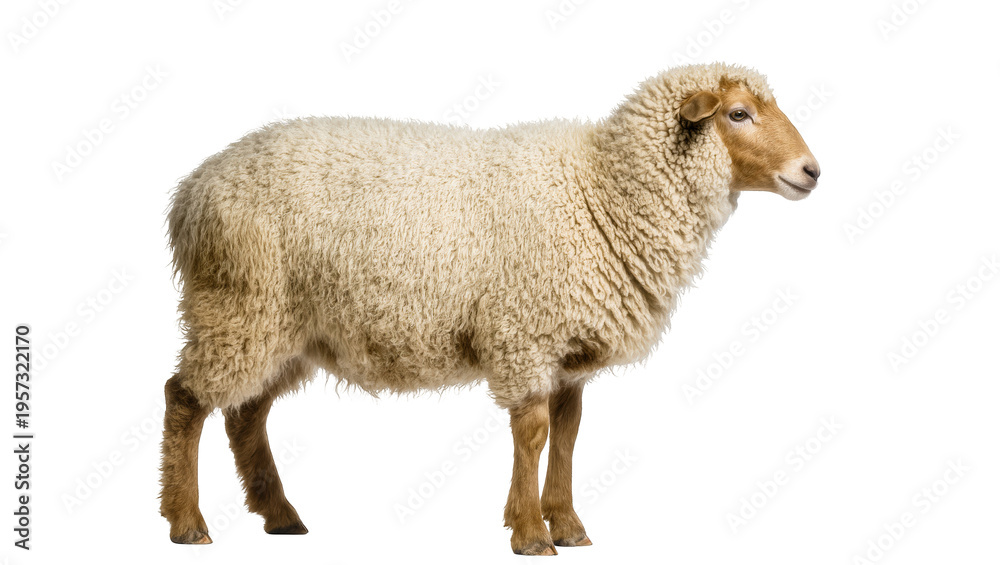 Obraz premium A domestic sheep standing in profile, showcasing its thick wool coat and gentle expression.