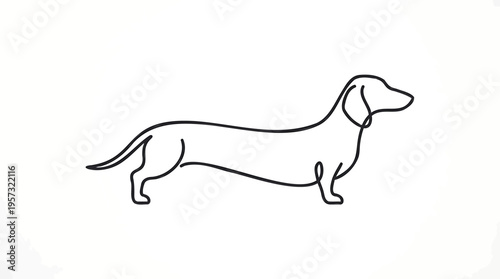Minimalist continuous line illustration of a dachshund dog, capturing its distinctive elongated body and elegant profile on a clean white background