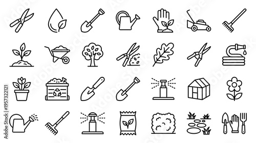 Gardening tools and supplies icons set for planting and landscaping, representing outdoor activities and home garden care