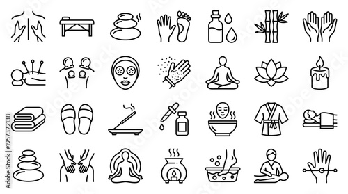 Collection of spa and wellness icons representing massage therapy aromatherapy acupuncture and relaxation treatments for beauty and health