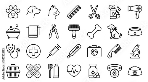 Collection of veterinary and pet care icons representing health, grooming, and medical services for animals like dogs and cats