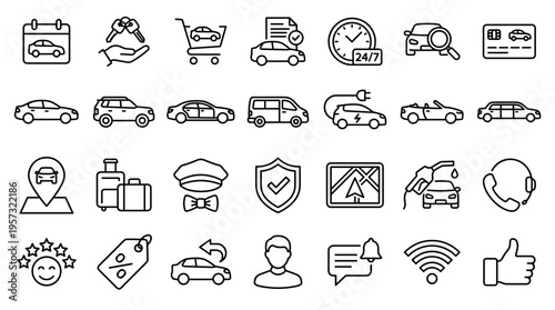 Collection of car service icons representing transportation rental booking and customer satisfaction with modern automobile icons
