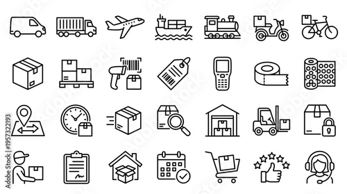 Logistics and delivery icons set for shipping and transportation services including vehicles, packages, tracking and warehouse operations
