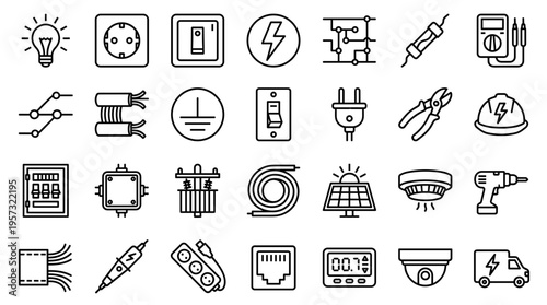 Collection of electrical engineering icons and symbols representing power supply safety and technology in a clean outline style