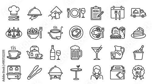 Collection of food and drink icons representing restaurant services catering and hospitality industry elements for culinary themes