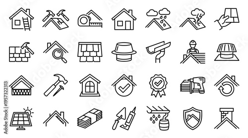 Roofing services icons collection set for construction repair and maintenance business with house building elements and tools