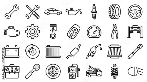 Collection of car repair and maintenance icons representing automotive service tools and vehicle parts for mechanical work and diagnostics