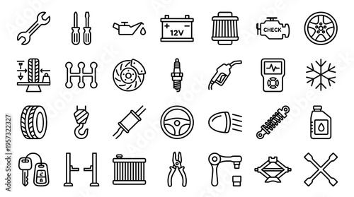Collection of automotive car repair and maintenance icons representing tools parts and services for vehicle upkeep and diagnostics
