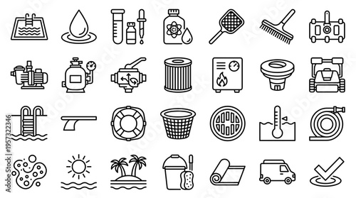 Collection of pool maintenance and cleaning equipment icons representing water care and summer recreation symbols