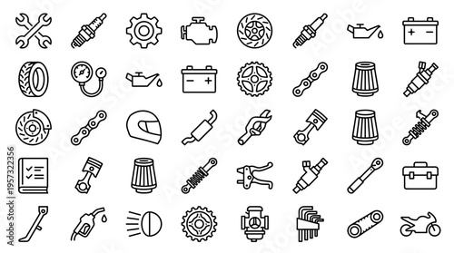 Collection of automotive and motorcycle spare parts and tools icons for repair and maintenance services and workshops