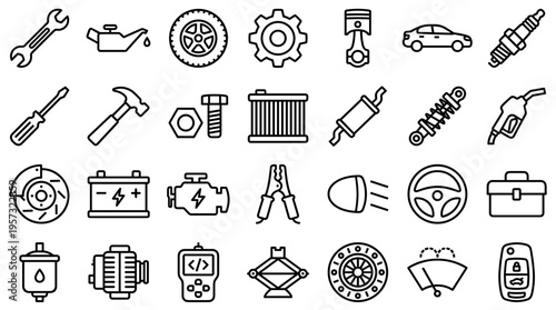 Collection of automotive car parts and tools icons for repair and maintenance services on white background