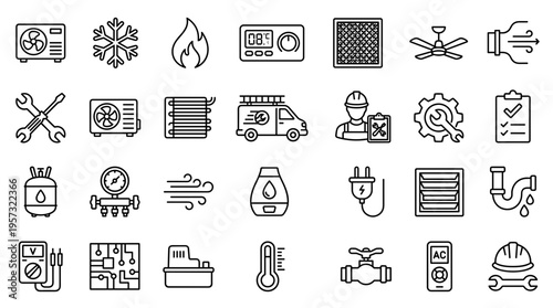 HVAC service icons set for heating ventilation and air conditioning system repair maintenance and installation with tools equipment and symbols
