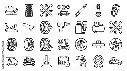 Car repair and maintenance service icons set with tools and equipment for vehicle servicing and auto shop operations