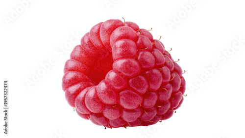 Single vibrant red raspberry fruit close-up showing delicious texture and freshness, healthy food