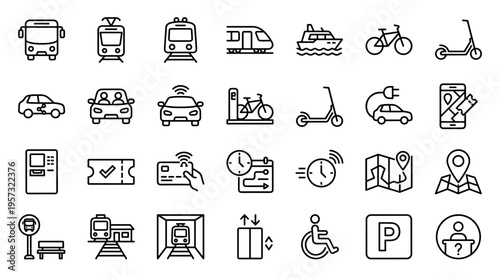 Collection of modern transportation and urban mobility icons representing various modes of travel and city services for smart city concepts