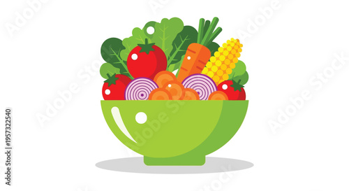 A vibrant arrangement of fresh vegetables in a green bowl showcasing a flat vector illustration style silhouette high quality professional detailed