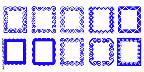 Collection of nine blue patterned frames and borders arranged in a grid