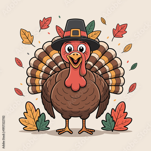 Cartoon Thanksgiving Turkey Wearing Pilgrim Hat with Autumn Leaves, Stock Illustration