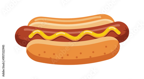 A brightly colored cartoon illustration of a hot dog with mustard and a bun showcasing a simple silhouette high quality professional