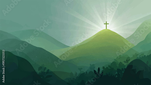 Vector Christian cross on hill at sunrise landscape