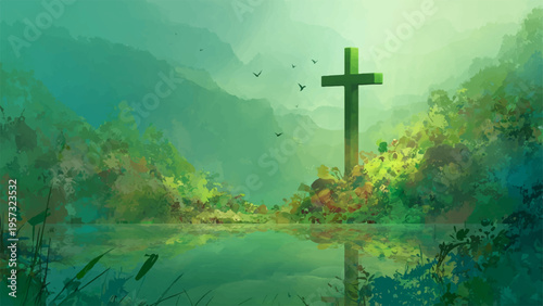 Vector illustration of a cross in a serene landscape with lake and mountains