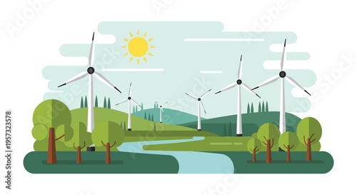 A vibrant landscape features wind turbines rolling hills a river and trees creating a peaceful energy scene silhouette high quality professional