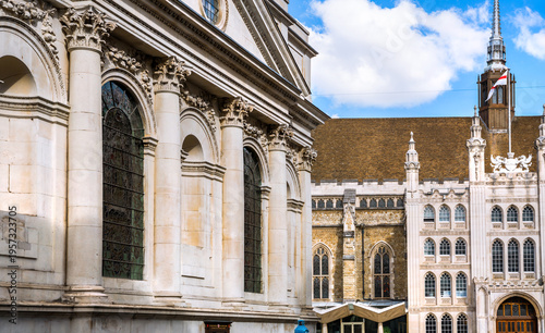Guildhall Plaza with government buildings, Guildhall Art Gallery and St Lawrence Jewry. City of London 