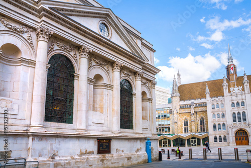 Guildhall Plaza with government buildings, Guildhall Art Gallery and St Lawrence Jewry. City of London 